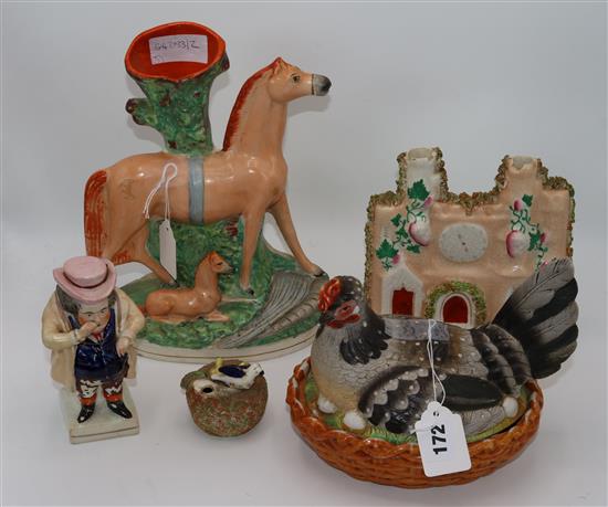 Staffordshire horse vase and 4 other items